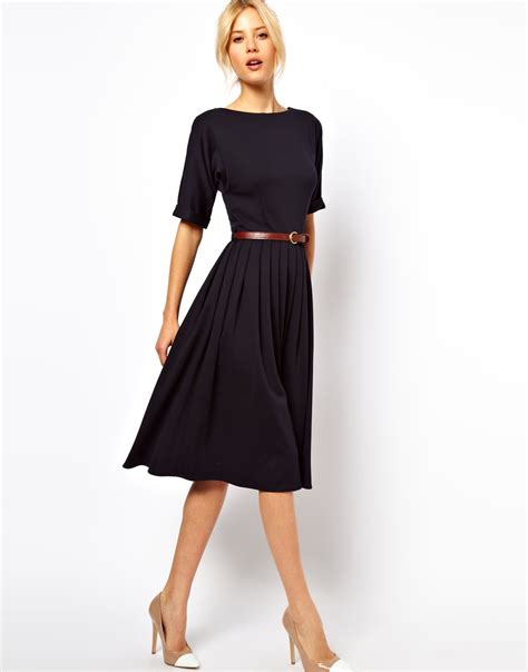 Asos Midi Dress With Full Skirt And Belt In Blue Navy Lyst