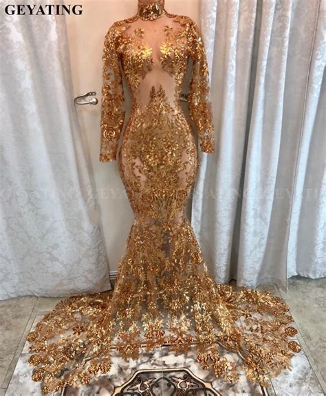 Aliexpress Com Buy Sparkly Sequin Long Sleeves Mermaid Gold Prom