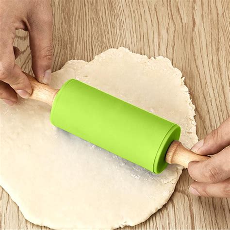 Non Stick Rolling Pin Silicone Roller Wood Handle Flour Baking Tools