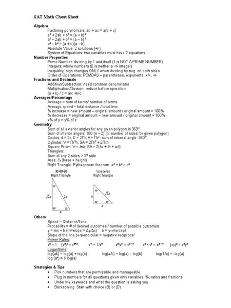 Sat Math Cheat Sheet Pdf Numbers Equations