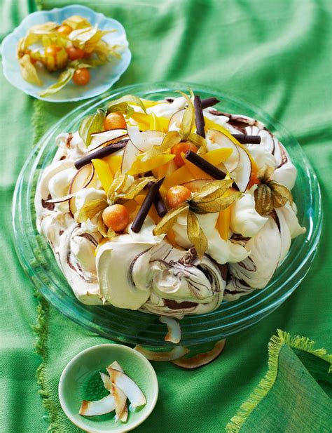 Then spoon the meringue mix onto a baking tray forming two. Chocolate swirl pavlova with mango and physalis | Recipe | Pavlova, Recipes, Homemade recipes