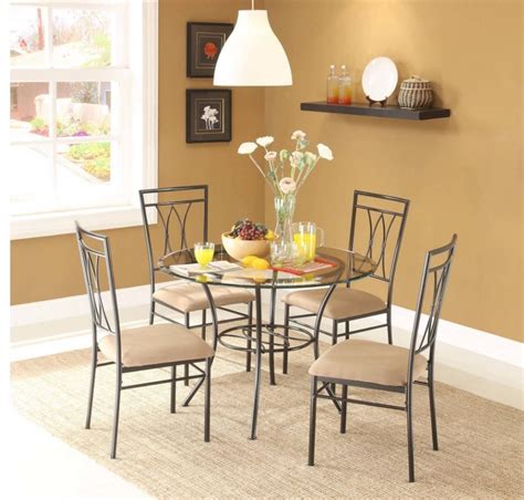 Sleek tables with upholstered chairs are a perfect addition to a breakfast nook or small dining area. Dining Table Set for 4 Round Breakfast Kitchen Chairs ...