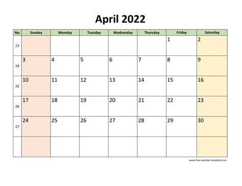 April 2022 Calendar Printable With Coloring On Weekend Horizontal