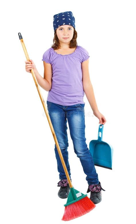 Cute Girl Holding Dustpan And Broom Stock Photo Image Of Dust Maid