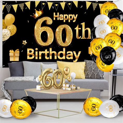 Happy 60th Birthday Party Decorations Kit Black Gold Glittery Happy