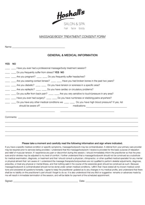 massage body treatment consent form printable pdf download