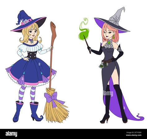 Set Of Two Witches Holding Broom And Magic Wand Multinational Girls
