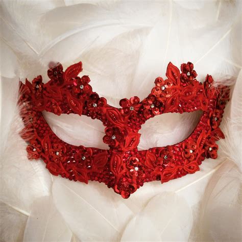Sequined Red Masquerade Mask With Rhinestones And Embroidery Etsy