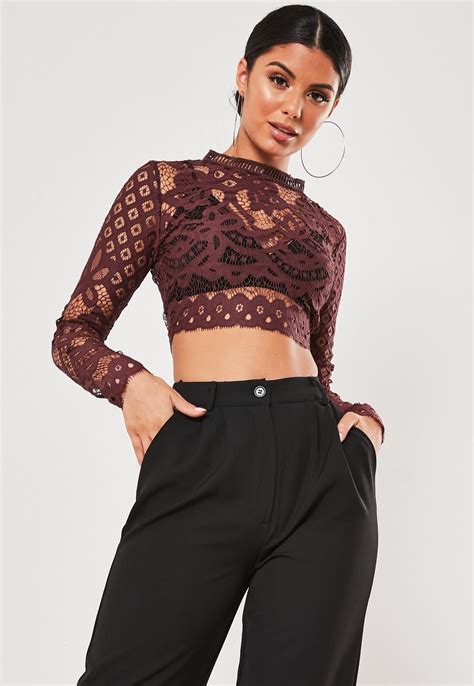 Purple Lace Long Sleeve Crop Top Missguided