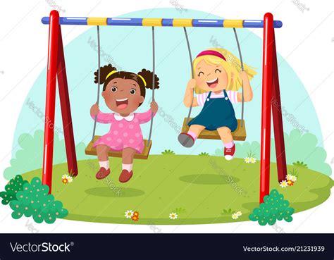 Cute Kids Having Fun On Swing In Playground Vector Image