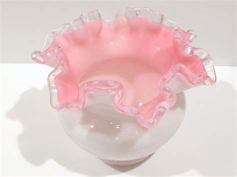 Vintage Fenton Pink And White Ruffled Edged Milk Glass Rose Bowl Mid Century Silver Crest Pink