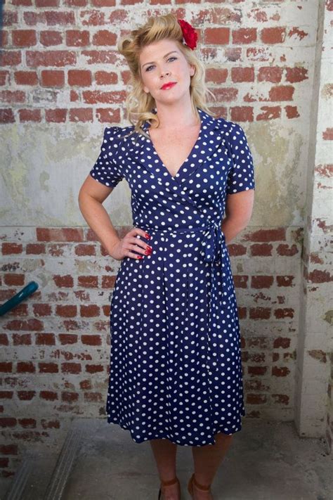 Peggy Wrap Dress In Navy Polka By The Seamstress Of Bloomsbury Etsy