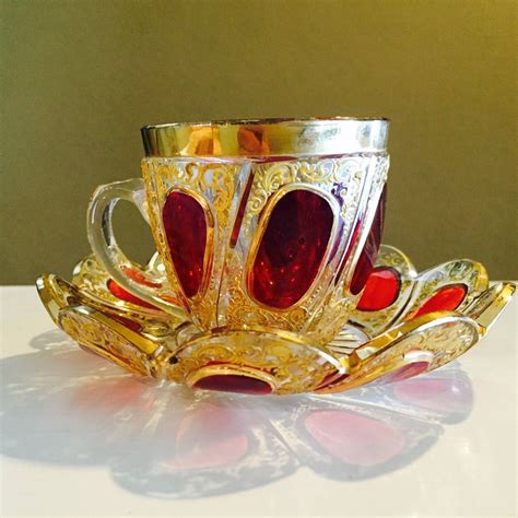 Five Exceptional Moser Glass Cups And Saucers Two Colors Circa 1900 At 1stdibs