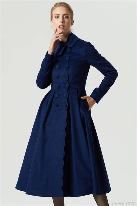 S Dark Blue Wool Princess Coat Double Breasted Long Wool Etsy