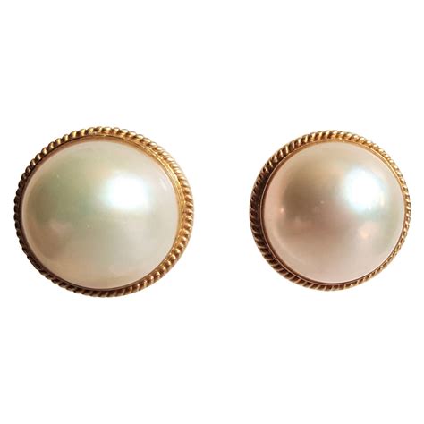14 Karat Yellow Gold Mabe Pearl Diamond Post Earrings At 1stDibs
