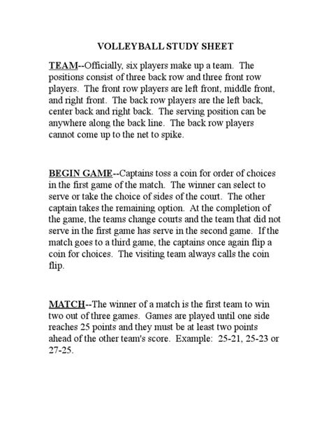 Volleyball Study Sheet Pdf Volleyball Sports Rules And Regulations