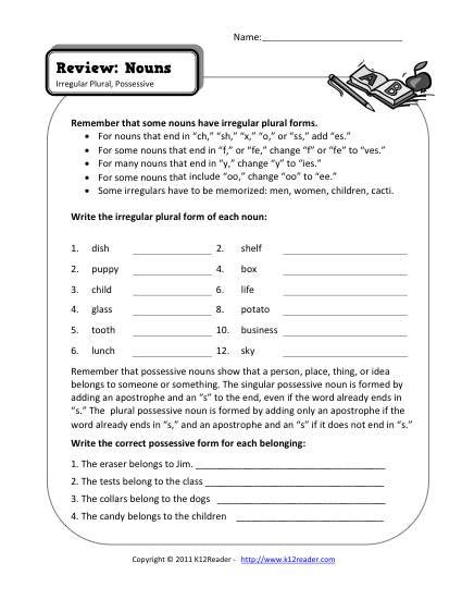 Noun Worksheet 5th Grade