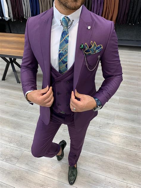Purple Slim Fit Wool Suit Slim Fit Peak Lapel Two Button Suit Men Suits