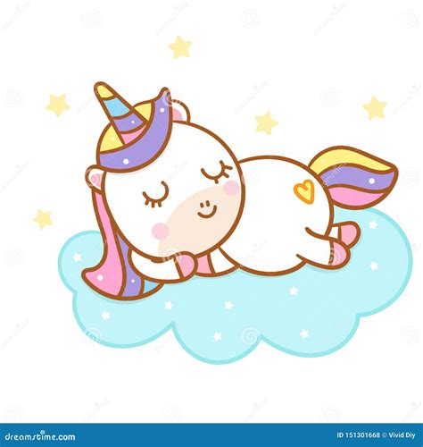 Cute Unicorn Vector Pony Cartoon On Cloud And Star Baby Animal Magic
