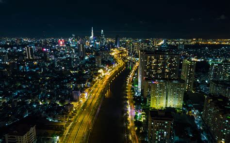 Download Wallpaper 3840x2400 City Buildings Aerial View Night