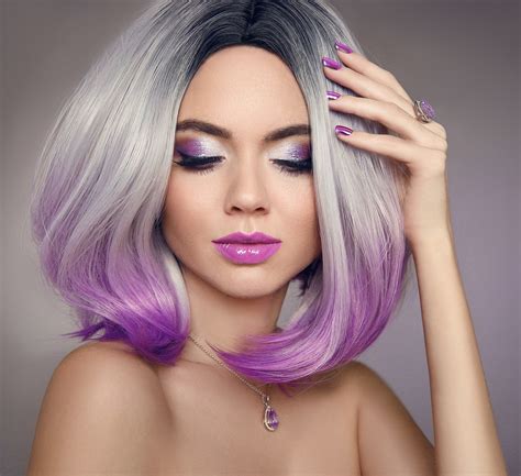 Light and dark purple blend together on a brunette bob with wavy body. Grey Ombré Hair: 10 Alternative Ways to Wear Grey Hair Color