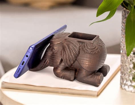 Elephant Wood Pen Pencil Holder With Cell Phone Stand For Desk Etsy