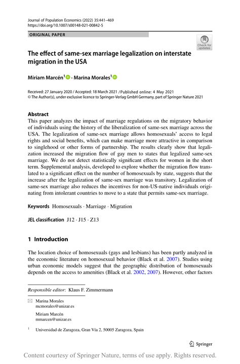 the effect of same sex marriage legalization on interstate migration in the usa request pdf