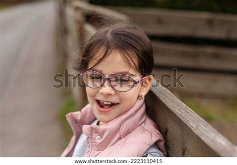 Little Beautiful Cute Girl Glasses Smiling Stock Photo 2223110415