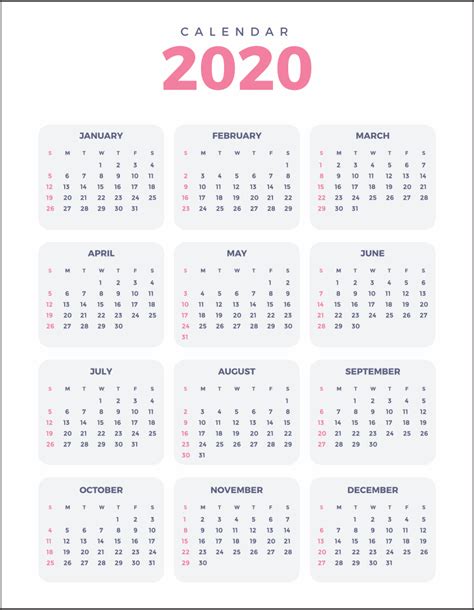 10 Best 2020 Yearly Calendar Free Printable