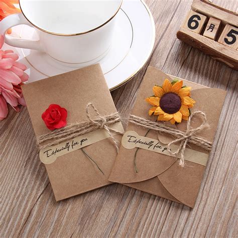 10pcs Diy Kraft Paper Handmade Dry Flower Invitation Greeting Card