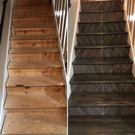 Before And After Stairs Redo Stairs Stairs Makeover Ideas Tile Stairs