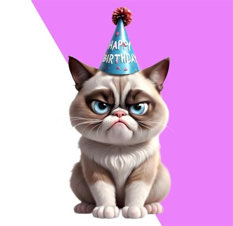 Premium PSD A Cute Grumpy Kitten With Birthday Hat