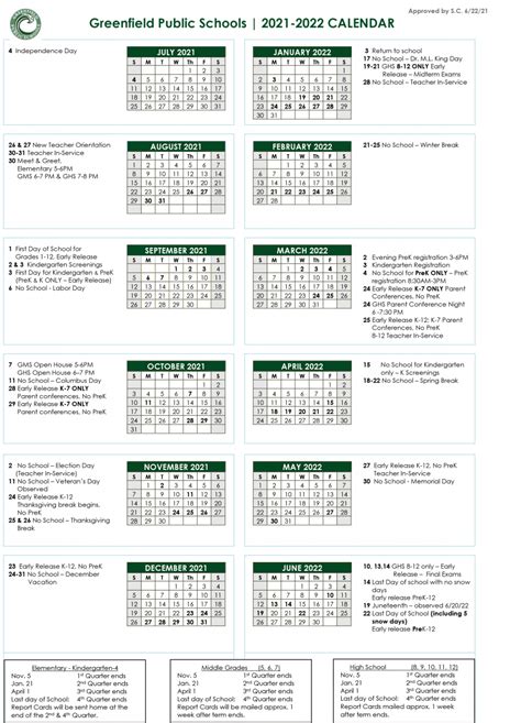 2021 2022 School Calendar Revised 1png Greenfield Public Schools
