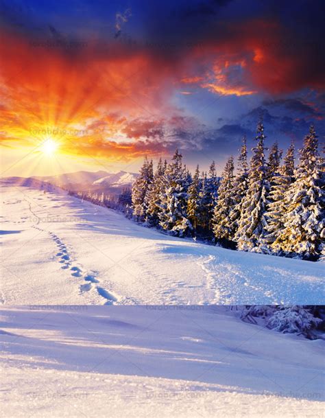 عکس با کیفیت منظره غروب زمستانی در کوهستان برفی گرافیک با طعم تربچه