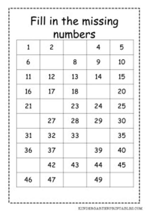 Some of the worksheets for this concept are counting practice from 1 to 50, kids work org, counting practice 1 50 work, missing numbers 50 to 100, name date missing numbers, grade 1 number numbers from 1 to 50, missing numbers, kids work org. fill in the missing numbers 1-50 free printable worksheet