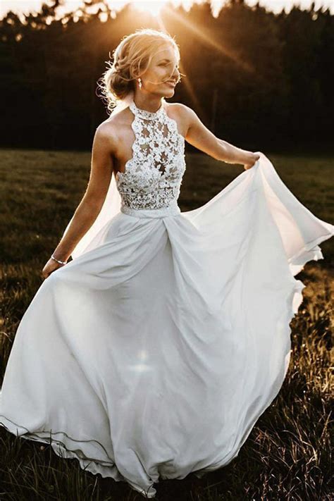 Simple A Line Halter Sleeveless Chiffon Long Beach Summer Wedding Dress With Lace Okh89 Okdresses