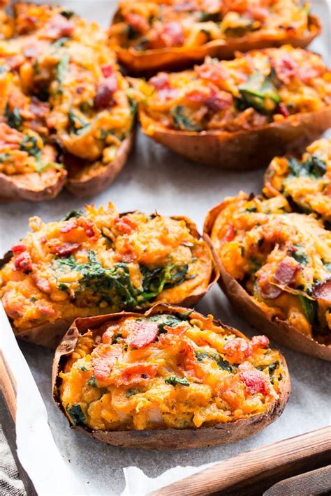 Top the finished sweet potatoes with shredded swiss cheese and cooked crumbled bacon. Twice Baked Sweet Potatoes (Paleo, Whole30, Dairy-Free ...
