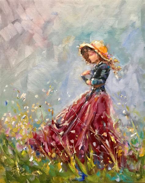 Original Oil Painting Impressionist Style Art Woman In Field Of Flowers