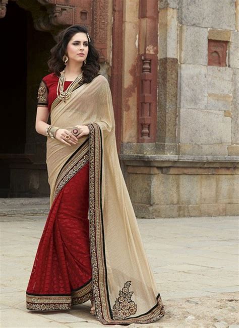 Stunning Cream And Red Embroidered Party Wear Saree Party Wear Sarees