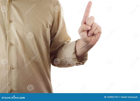 Closeup Man Hand Showing One Finger Isolated On White Background Stock