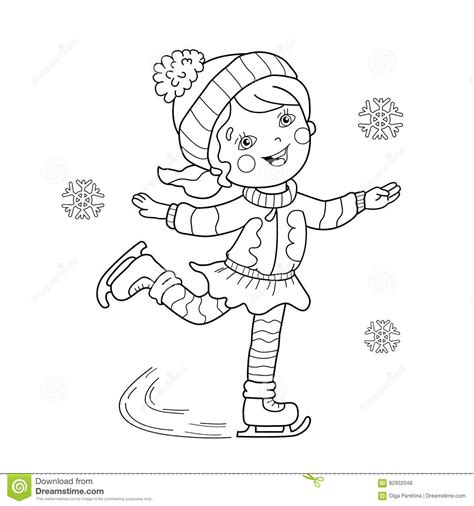 Coloring Page Outline Of Cartoon Girl Skating Winter