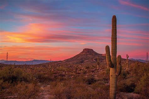 Arizona Sunset Sky With Desert Butte With Saguaro Cactus Photograph By