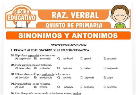 Ejercicios De Sinónimos Y Antónimos Para Quinto De Primaria Fichas Gratis