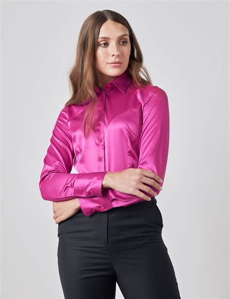 plain satin stretch women s fitted shirt with single cuff in bright pink hawes and curtis uk