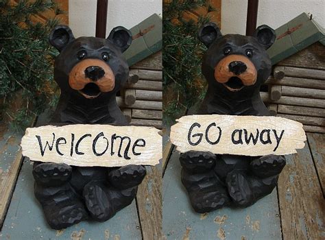 Wood Carved Look Black Bear Welcome Go Away Sign Lodge Porch Tabletop