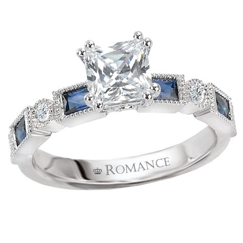 Ladies Engagement Ring Sapphire And Diamonds Princess Cut