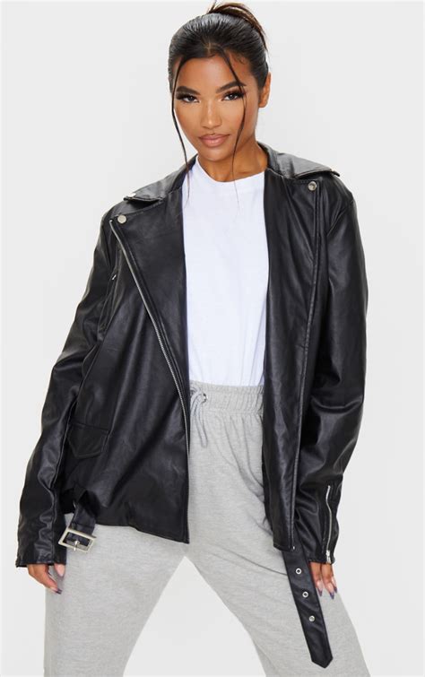 black faux leather oversized biker jacket prettylittlething