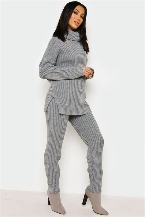 Grey Knitted Rib Long Sleeve Co Ord Set Co Ord Set Loungewear Set