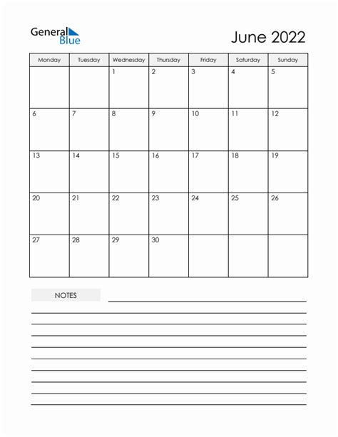June 2022 Monthly Calendar Templates With Monday Start