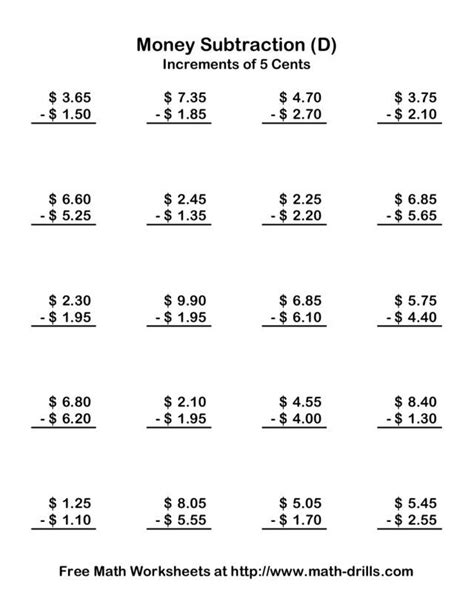 These worksheets will have your child almost ready for a cashier's job! In this subtracting money worksheet, students solve the money subtraction problems by ...